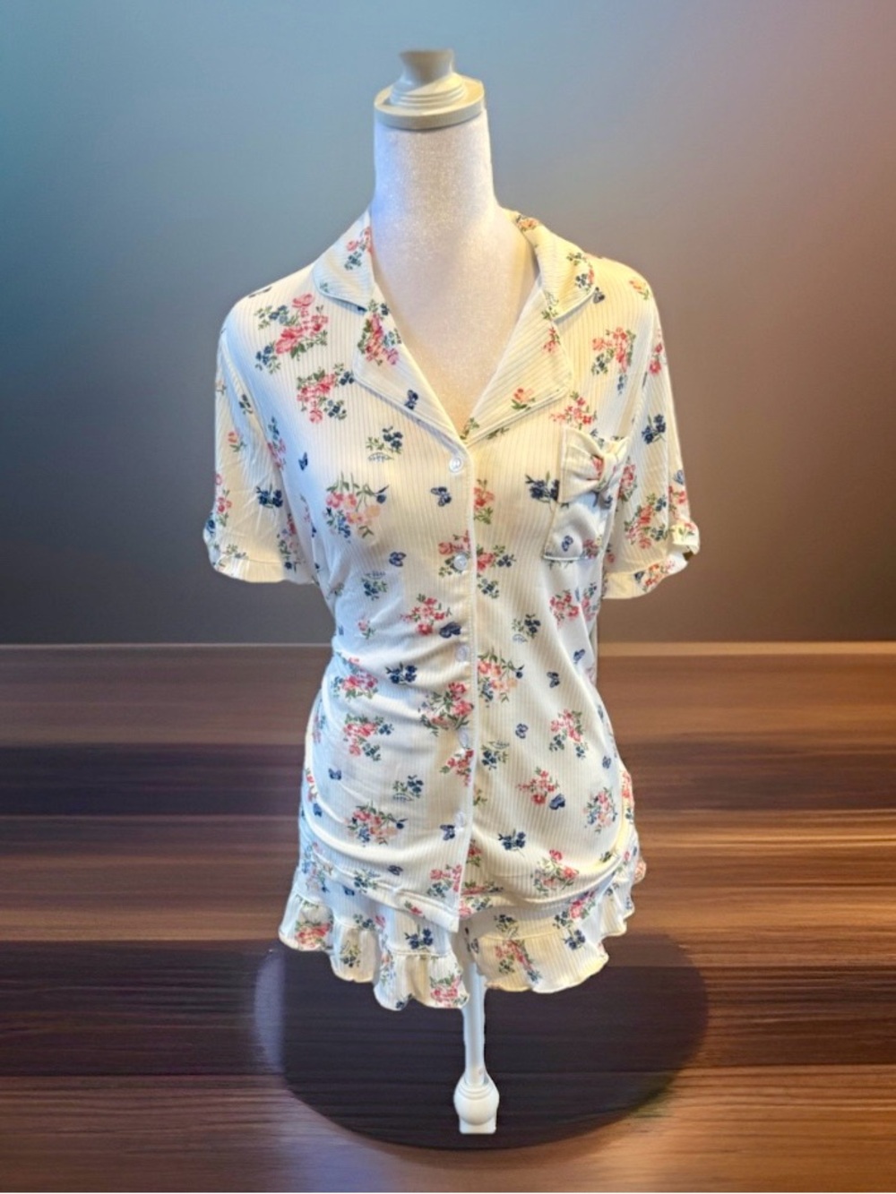 Betsey Johnson Cream Floral Ruffle Short Pajama Set